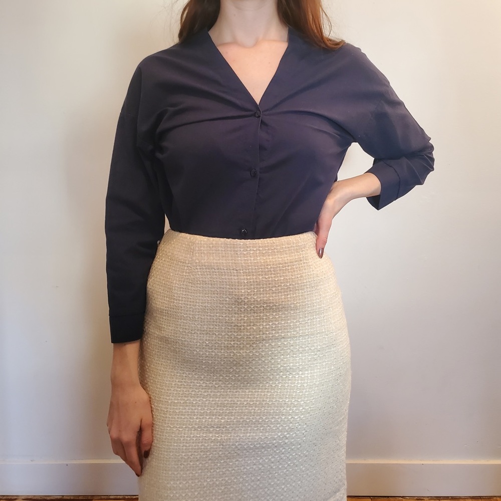 Zara Navy Blue V-Neck Cotton Blouse